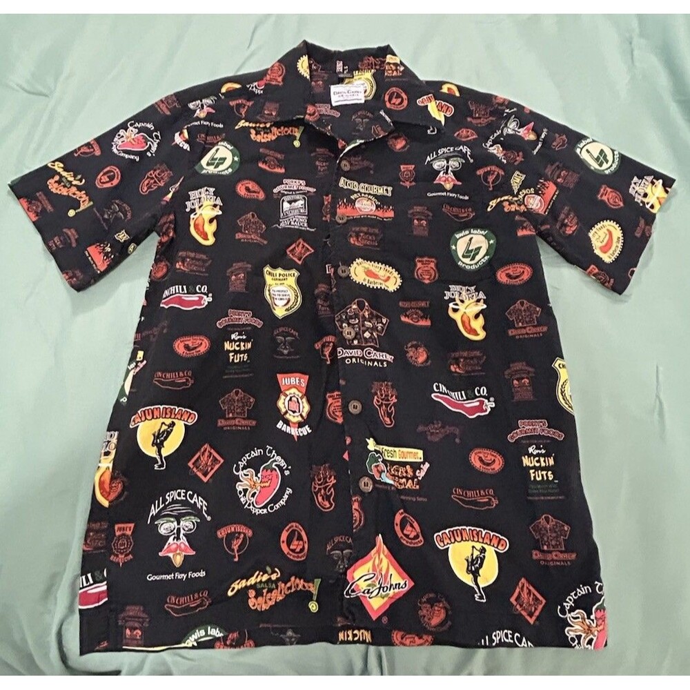 David Carey Originals Shirt Men's Medium Black Fiery Foods Hot Sauce Pepper AOP